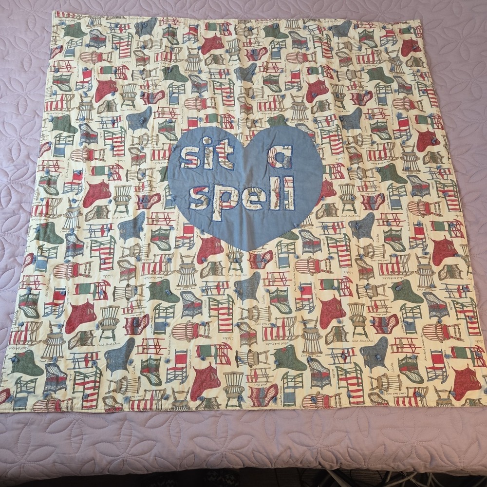 Vintage Handmade "Sit A Spell" Heart Applique Chair‎ Throw Blanket Grandmacore